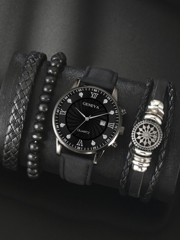 1pc Men Round Pointer Date Quartz Watch & 3pcs Bracelet
